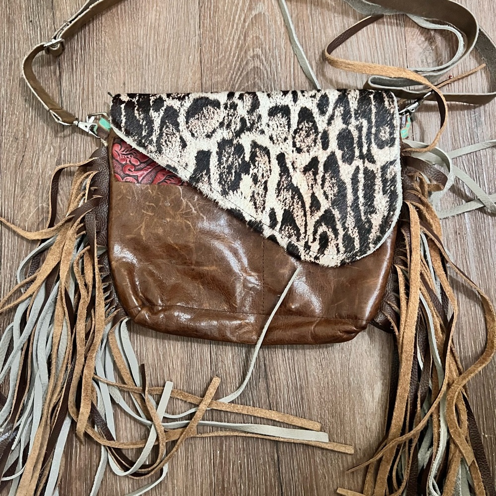 Leopard Print and Brown Fringe Women's Bag